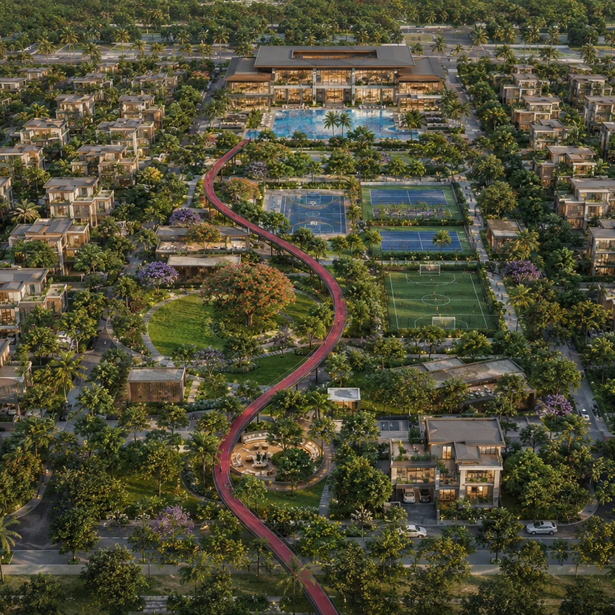 Revasa Là Valora aerial view of the 72.25-acre Hexa Grid villa community with the central green spine and The Arc walkway, Kardanur, Hyderabad