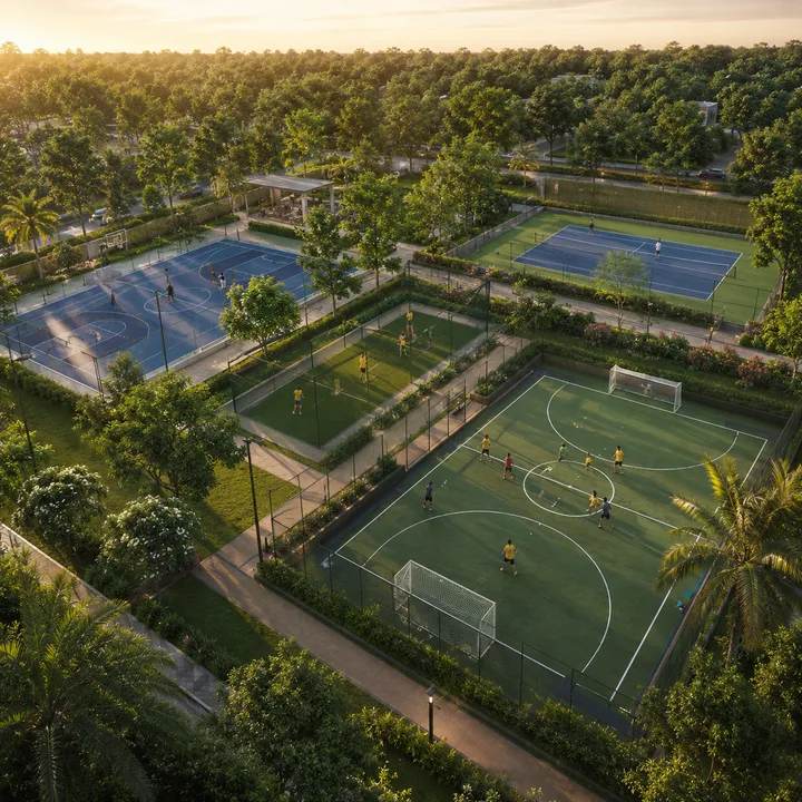 Revasa Là Valora sports park with futsal, tennis and basketball courts set within the greens Revasa Là Valora sports park with futsal, tennis and basketball courts set within the greens