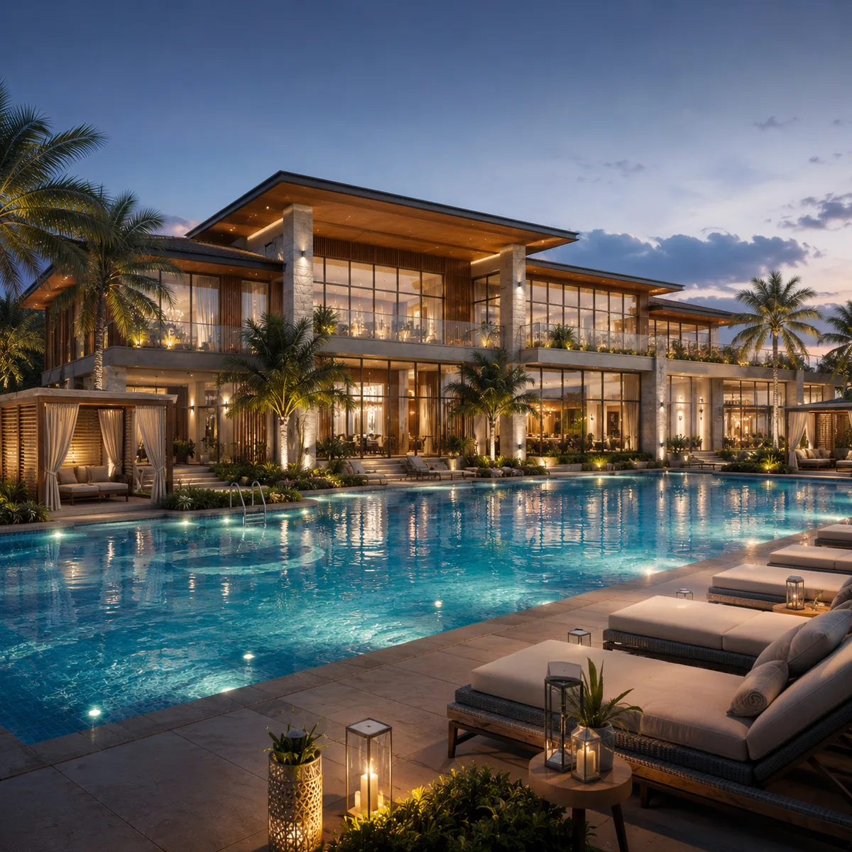 Revasa Là Valora 84,000 sq ft clubhouse and temperature-controlled swimming pool deck at dusk