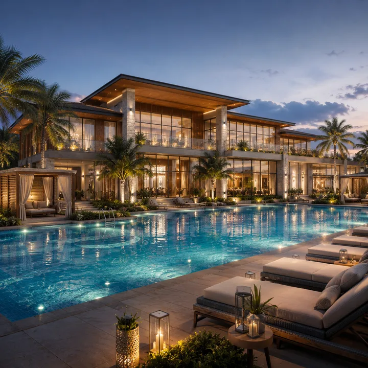 Revasa Là Valora 84,000 sq ft clubhouse and temperature-controlled swimming pool deck at dusk