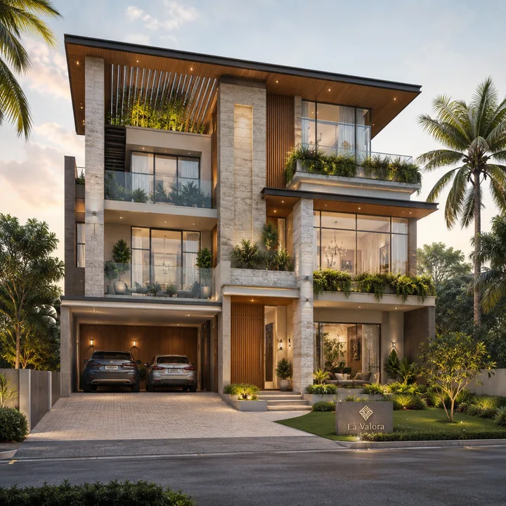 Revasa Là Valora contemporary G+2 villa facade with natural stone cladding, timber accents and planted balconies