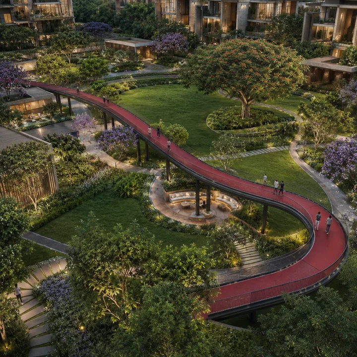 Revasa Là Valora The Arc elevated walkway curving through the landscaped central greens Revasa Là Valora The Arc elevated walkway curving through the landscaped central greens