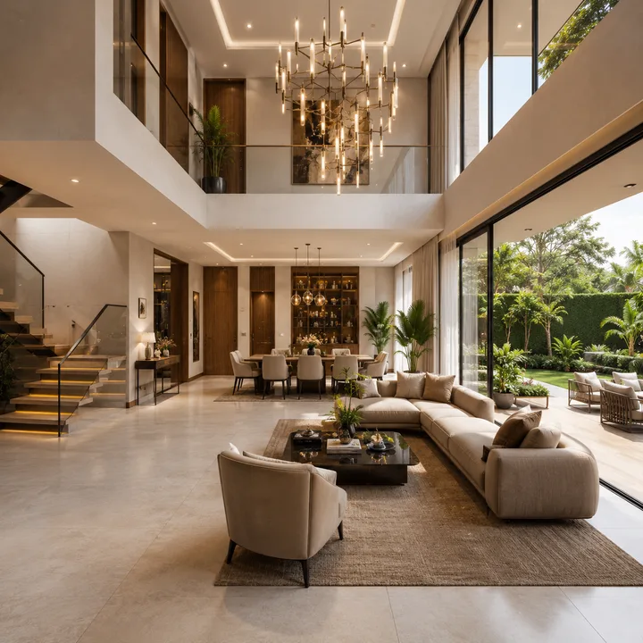 Revasa Là Valora double-height villa living and dining interior opening to the private garden Revasa Là Valora double-height villa living and dining interior opening to the private garden