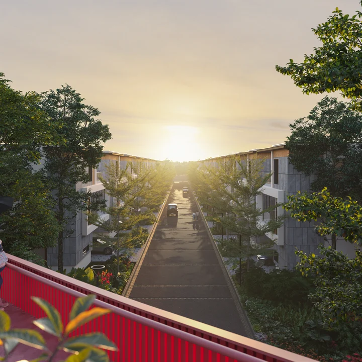Revasa Là Valora tree-lined villa street at sunset seen from the railing of the elevated walkway Revasa Là Valora tree-lined villa street at sunset seen from the railing of the elevated walkway